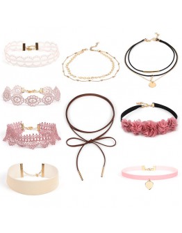   FREE SHIPPING PINK LACE CHOKER NECKLACE 9 IN SET