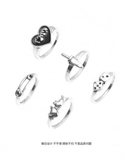         【READY STOCK】FREE SHIPPING LADIES METAL FREE SIZE HEART RINGS 5 IN 1 SET