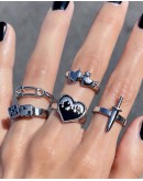         【READY STOCK】FREE SHIPPING LADIES METAL FREE SIZE HEART RINGS 5 IN 1 SET