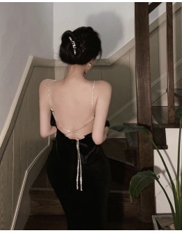         【READY STOCK】Velvet Rhinestone Chain Long-Line Dress