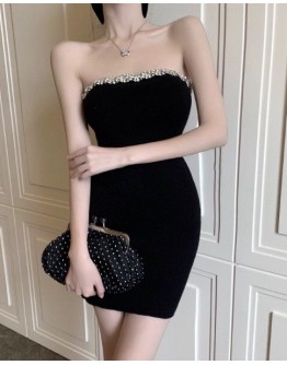         【READY STOCK】Rhinestone Strapless Fitted Knit Dress