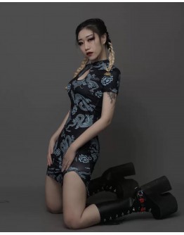    【READY STOCK】 Free Shipping Polyester Blue Dragon Cheongsam Dress