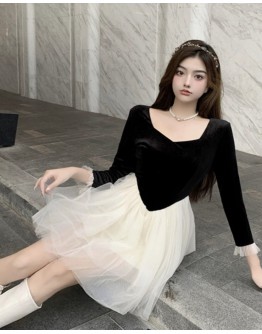    【READY STOCK】Free Shipping Velvet Long-Sleeved Grenadine Layered Dress