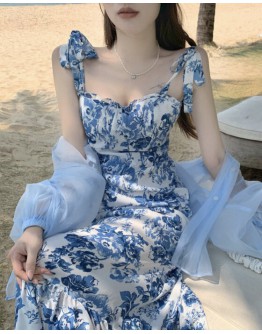     【READY STOCK】FREE SHIPPING RIBBON FLORA PATTERNED FITTED LONG DRESS