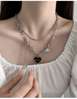         【READY STOCK】Luck Heart Titanium Steel Chain Double Necklace