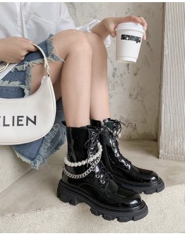   FREE SHIPPING FAUX PEARL CHAIN ZIPPER ANKLE BOOT