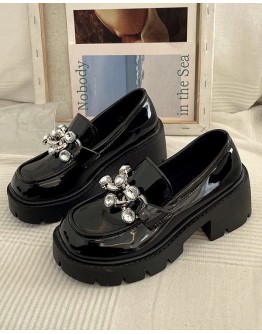          FREE SHIPPING FAUX LEATHER RHINESTONE PLATFORM LOAFERS 