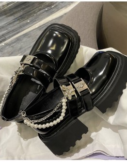         FREE SHIPPING CHAIN FAUX PEARL CUT-OUT LOAFERS 