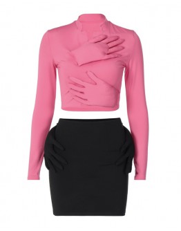    Free Shipping Pinky Long-Sleeved Tops/ Fitted Skirt
