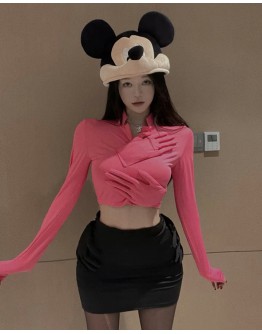    Free Shipping Pinky Long-Sleeved Tops/ Fitted Skirt