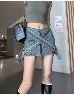              Free Shipping X-Patterned Zipper Denim Skirt