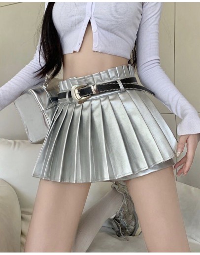              Free Shipping Faux Leather Pleated A-Line Skirt
