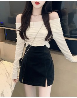    FREE SHIPPING OFF-THE-SHOULDER TOPS / FAUX LEATHER ZIPPER SKIRT