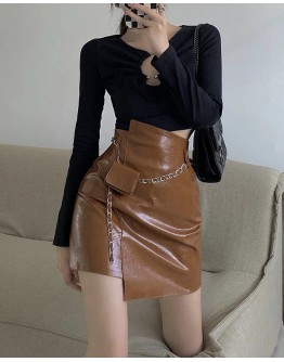 FREE SHIPPING FAUX LEATHER FITTED SKIRT + FREE CHAIN BELT BAGS