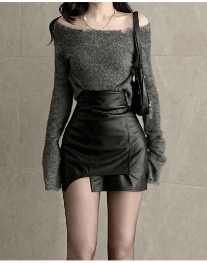        【READY STOCK】Free Shipping Knitted Tops + Faux Leather Skirt