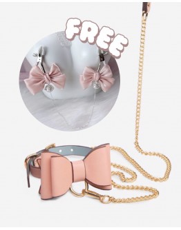                                                          【Preorder】Faux Leather Pink Ribbon Chain Necklace+ Free Ribbon Clips
