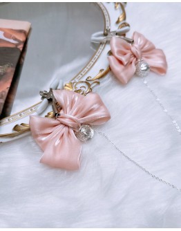                                                          【Preorder】Organza Pink Ribbon Silvery Chain Clips 