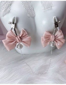                                                          【Preorder】Organza Pink Ribbon Silvery Chain Clips 