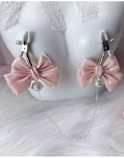                                                          【Preorder】Organza Pink Ribbon Silvery Chain Clips 