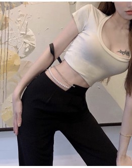    Free Shipping Faux Gem Pearl Chain Suit-Pants