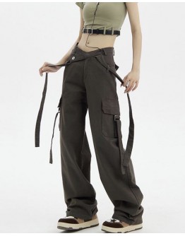              Free Shipping Brown Long-Line Loose Trousers