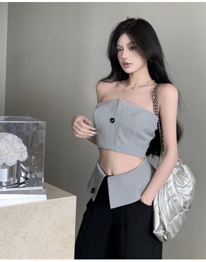              Free Shipping Grey Tube-Tops/ Loose Coat Trousers
