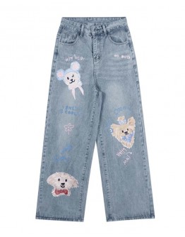                    Regular Puppy Patterned Jeans