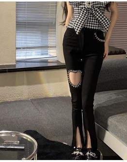     FREE SHIPPING RHINESTONE CUT-OUT TROUSERS / HOUNDSTOOTH RHINESTONE VEST 