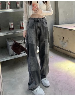 FREE SHIPPING CHECKED HIGH-WAISTED BAGGY JEANS