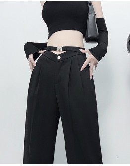             Free Shipping Cut-Out Tie-Belt Loose Suit-Pants