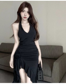                                                                【PREORDER】40kg-60kg Asymmetrical Flora Black Sleeveless Dress