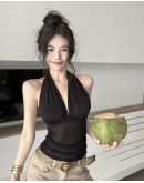                                                          【Preorder】40kg-60kg V-Neck Thin Halter-Neck Short Tops