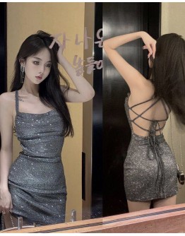                                                          【Preorder】Backless Camisole Fitted Sequins Dress