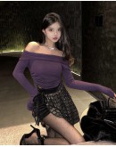                                                          【Preorder】40kg-55kg Off-The-Shoulder Purple Short Tops