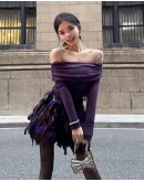                                                          【Preorder】40kg-55kg Off-The-Shoulder Purple Short Tops