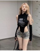                                                          【Preorder】40kg-55kg Halter-Neck Patterned Body-Suit With Sleeve