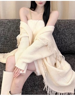              Free Shipping Loose Knitted Long-Line Fringe Coat