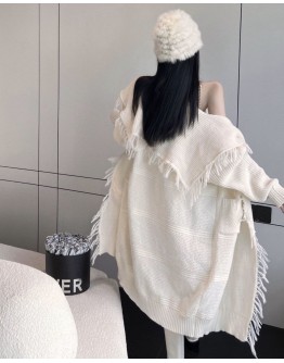              Free Shipping Loose Knitted Long-Line Fringe Coat