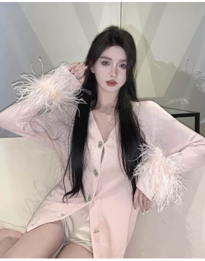              Free Shipping Pink Knitted Rhinestone Jacket