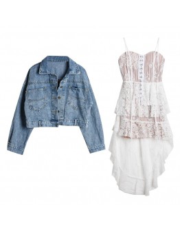 FREE SHIPPING OVER-SIZE DENIM JACKET / LACE LAYRED DRESS
