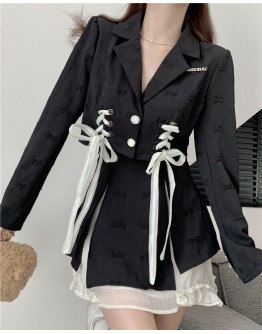            Free Shipping Lace-Up Ribbon Coat + Layered Skirt