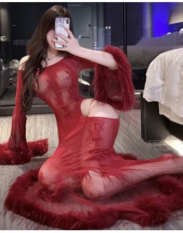                                                          【Preorder】40kg-65kg Off-The-Shoulder Fishnet Long-Lone Dress