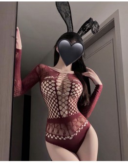                                                          【Preorder】40kg-65kg Long-Sleeved Maroon Cut-Out Body-Suit