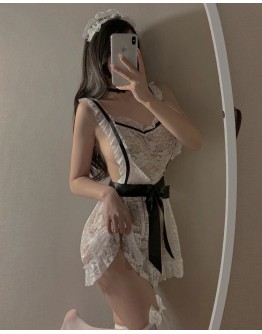                                                          【READY STOCK】40kg-55kg Maid Thin White Lace Backless Dress+T-Back