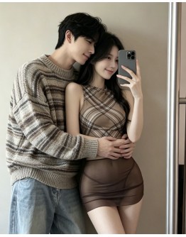                                                          【Preorder】40kg-55kg Brown Checked Fitted Skirt Set