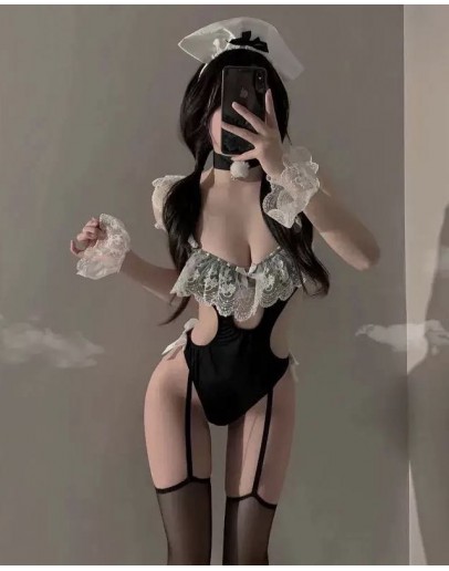                                                          【Preorder】40kg-55kg Black Lace Cos Maid Body-Suit