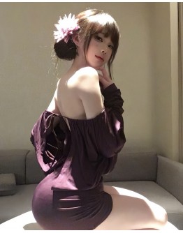                                                          【Preorder】40kg-55kg Purple Off-The-Shoulder Home Dress
