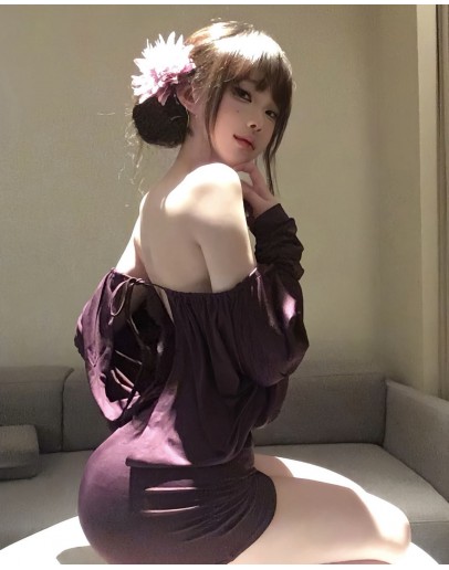                                                          【Preorder】40kg-55kg Purple Off-The-Shoulder Home Dress
