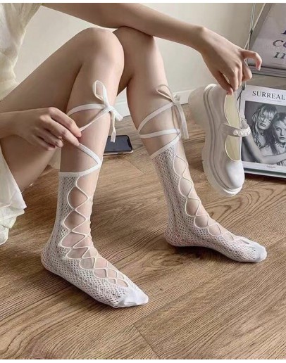                                                          【Ready Stock】Ankle Socks Lace-Up Stockings