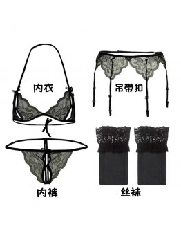                  【READY STOCK】LACE-UP CAMISOLE LACE BRA+ T-BACK+ TIGHTS SET